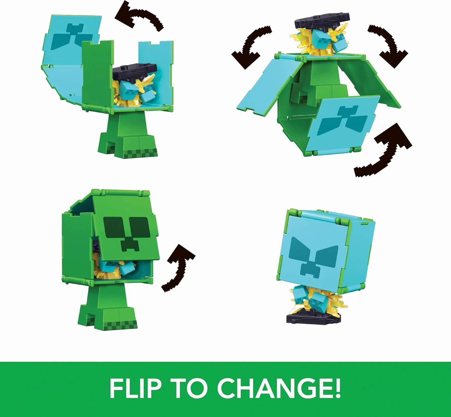 Babykids_Mattel_Toys Minecraft Flippin Figs Collectible Figures - 2-in-1 Fidget Play, 3.75-in Scale, Green Creeper Design