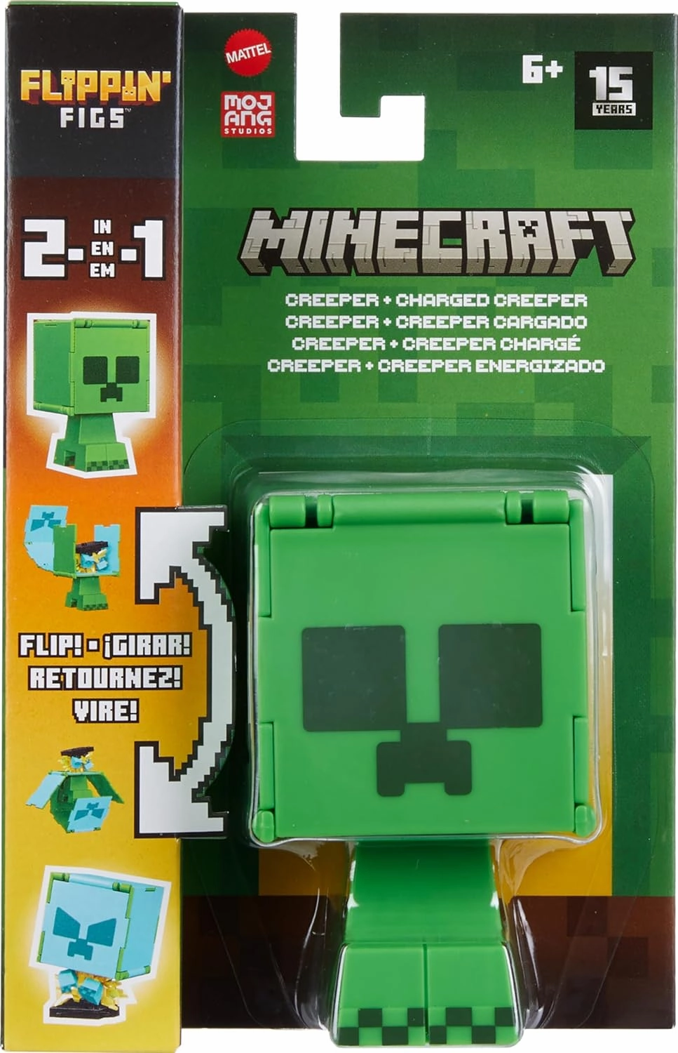 Babykids_Mattel_Toys Minecraft Flippin Figs Collectible Figures - 2-in-1 Fidget Play, 3.75-in Scale, Green Creeper Design