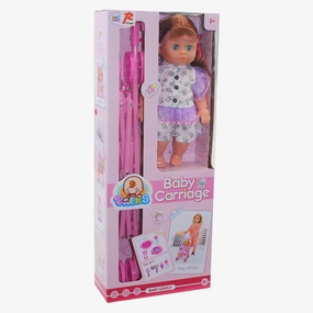 Doll with Stroller & Accessories  White & Purple Dress with Teddy Bears