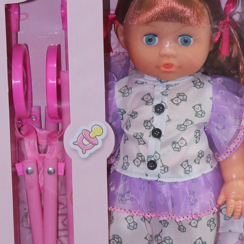 Doll with Stroller & Accessories  White & Purple Dress with Teddy Bears