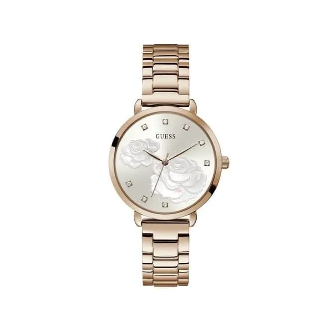 Montre Guess Ladies en or rose étincelant avec cadran floral en acier GW0242L3