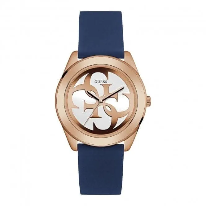 Montre Guess Ladies en or rose, cadran blanc avec logo et bracelet en silicone bleu W0911L6