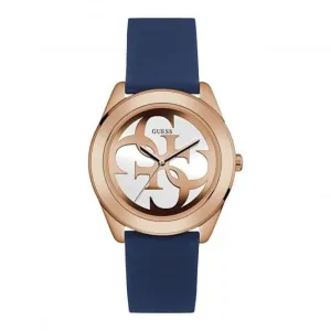 Montre Guess Ladies en or rose, cadran blanc avec logo et bracelet en silicone bleu W0911L6