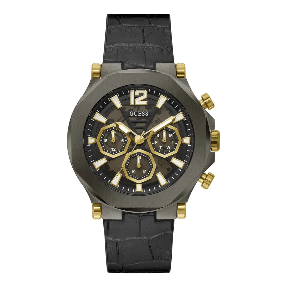 Montre Guess pour Homme en Cuir Véritable Noir avec Boîtier en Gun Metal GW0492G1