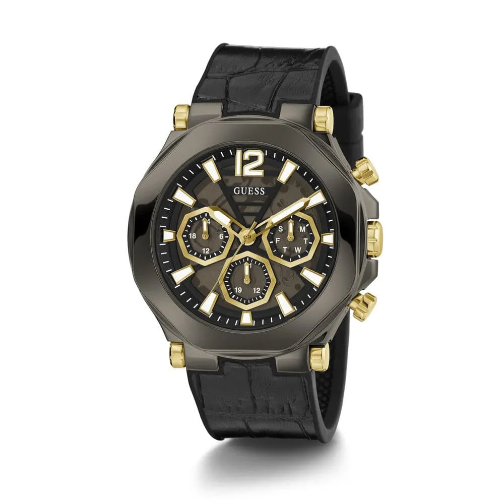 Montre Guess pour Homme en Cuir Véritable Noir avec Boîtier en Gun Metal GW0492G1