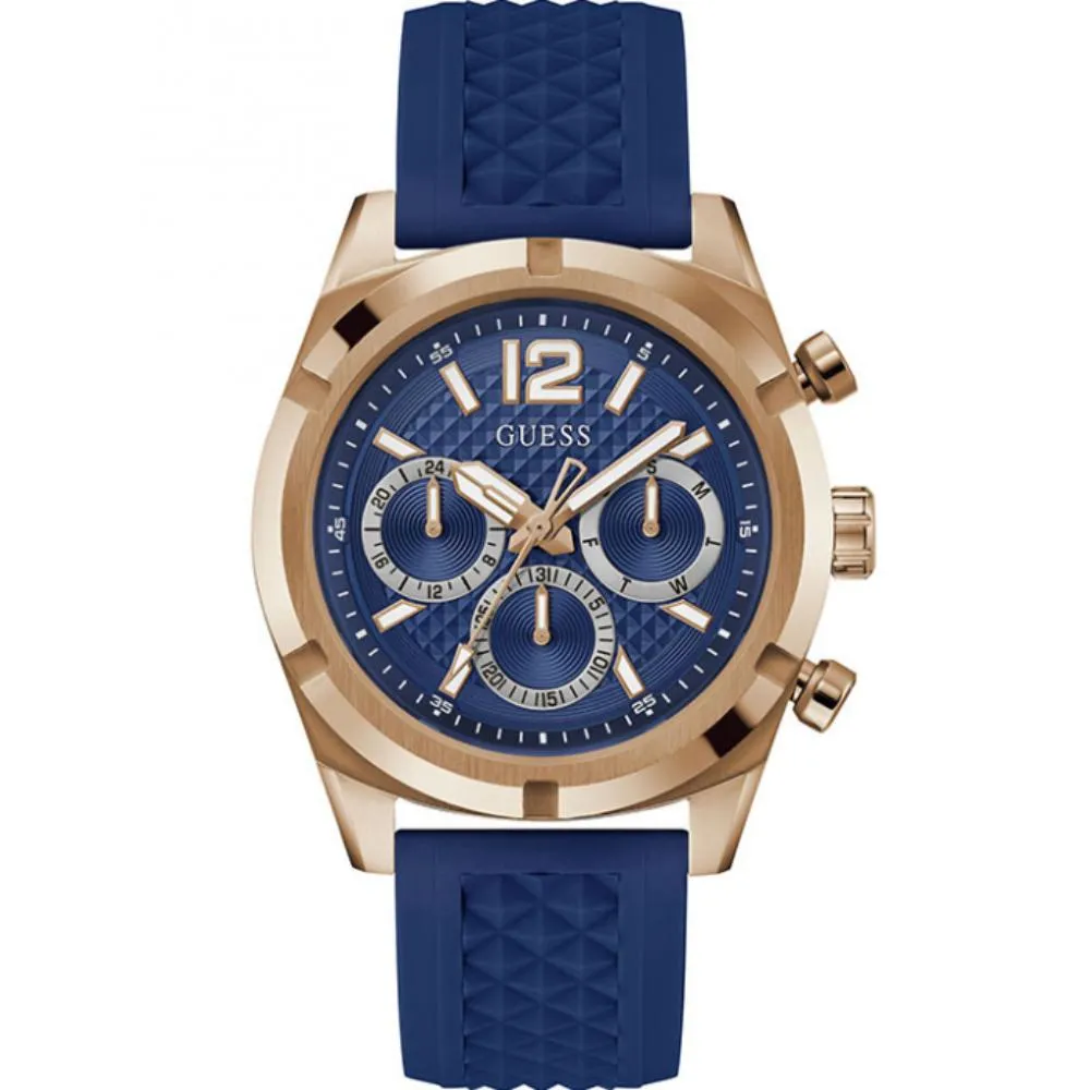 Montre Guess pour Homme en Ton Or Rose avec Bracelet en Silicone Noir Multifonction GW0729G3