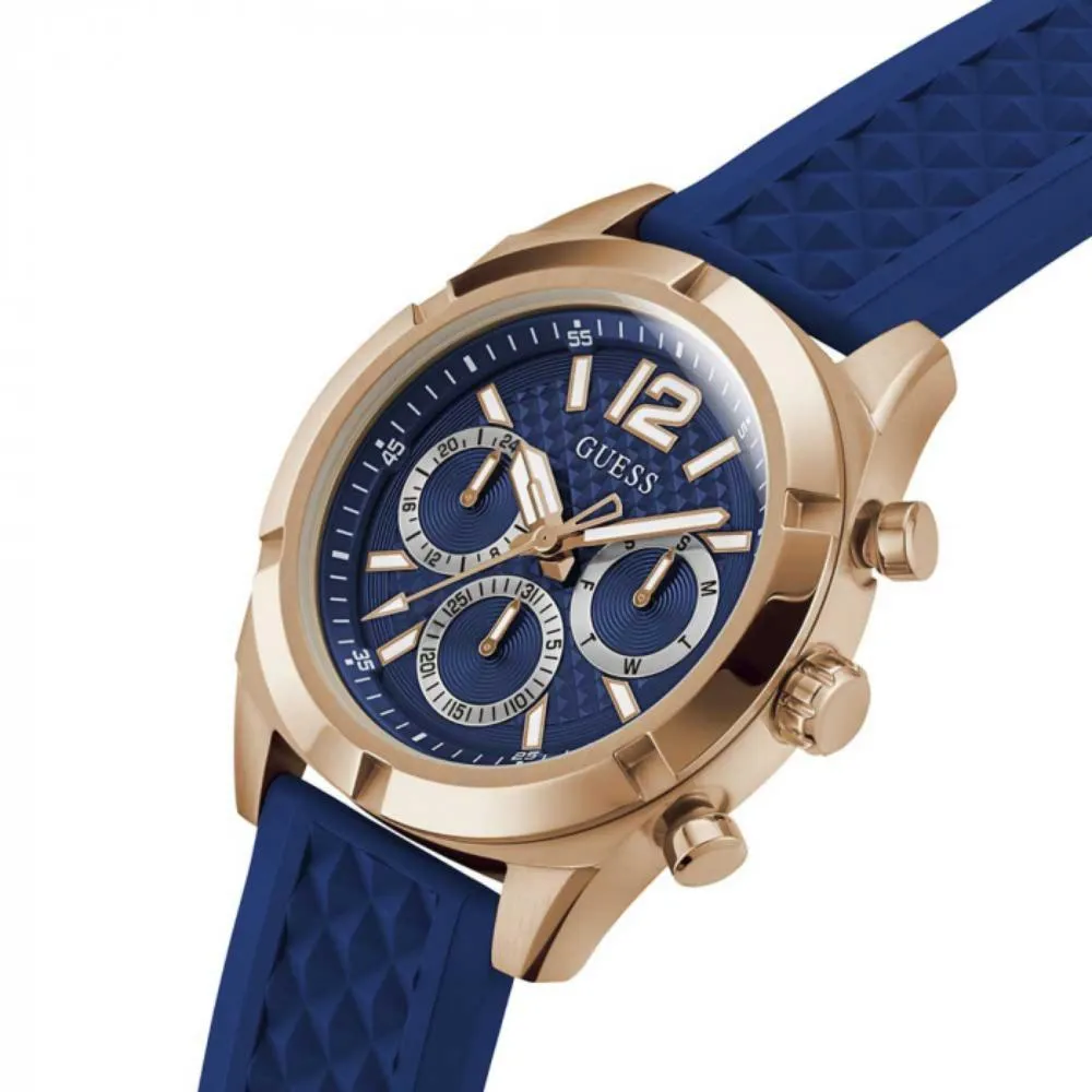 Montre Guess pour Homme en Ton Or Rose avec Bracelet en Silicone Noir Multifonction GW0729G3