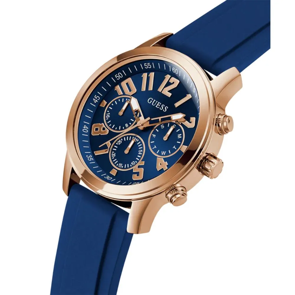 Montre Guess pour Homme en Silicone Bleu Multifonction Ton Or Rose GW0708G3