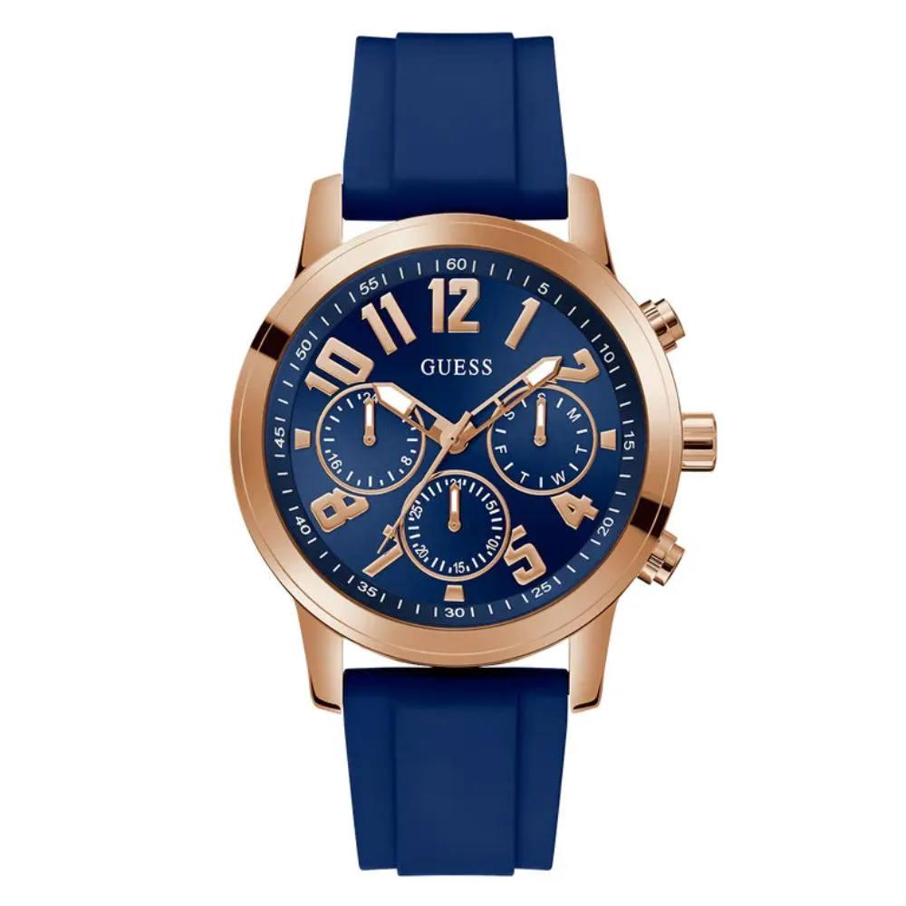 Montre Guess pour Homme en Silicone Bleu Multifonction Ton Or Rose GW0708G3
