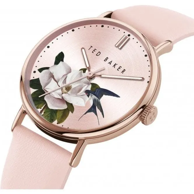 Montre Femme en Cuir Rose avec Cadran Fleuri Rose Clair BKPPFF909
