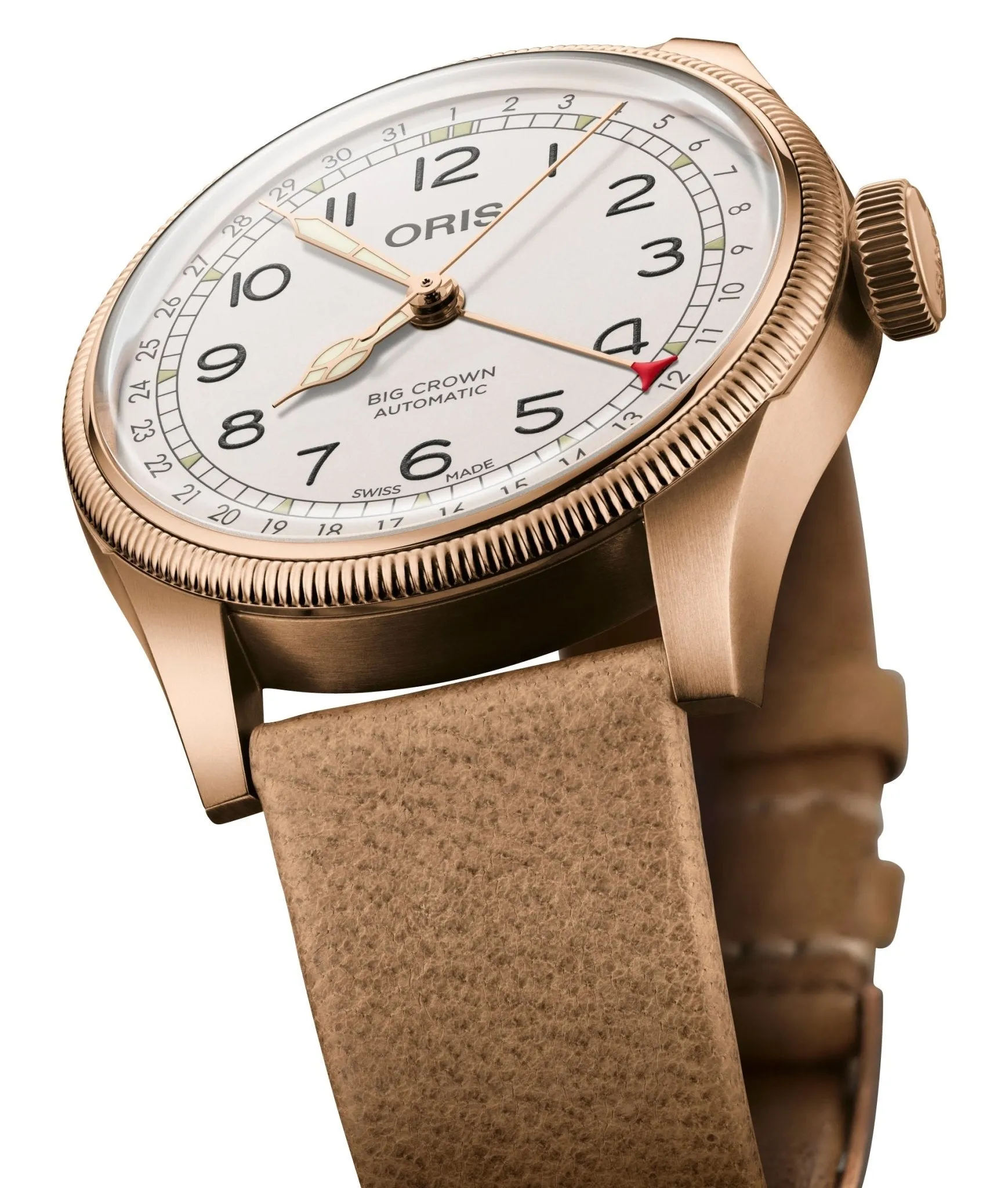Édition Limitée Oris Big Crown Automatique Cadran Blanc Bronze Bracelet en Cuir Beige Interchangeable avec Bracelet en Bronze Date à Aiguille Montre Homme 754 7741 3161-Set Montres Oris