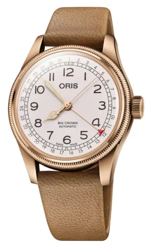 Édition Limitée Oris Big Crown Automatique Cadran Blanc Bronze Bracelet en Cuir Beige Interchangeable avec Bracelet en Bronze Date à Aiguille Montre Homme 754 7741 3161-Set Montres Oris