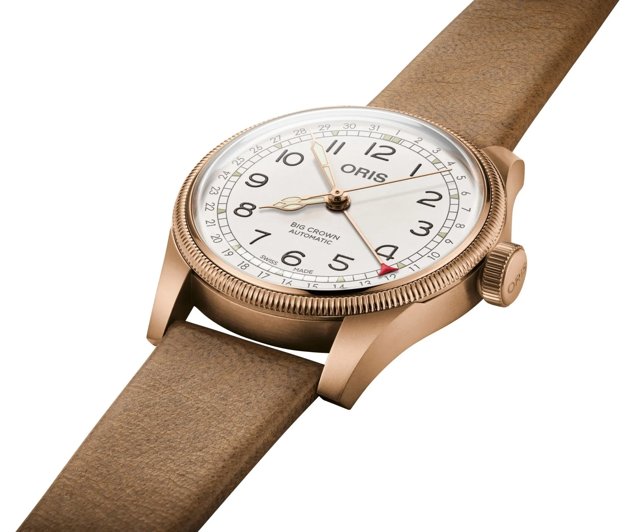 Édition Limitée Oris Big Crown Automatique Cadran Blanc Bronze Bracelet en Cuir Beige Interchangeable avec Bracelet en Bronze Date à Aiguille Montre Homme 754 7741 3161-Set Montres Oris