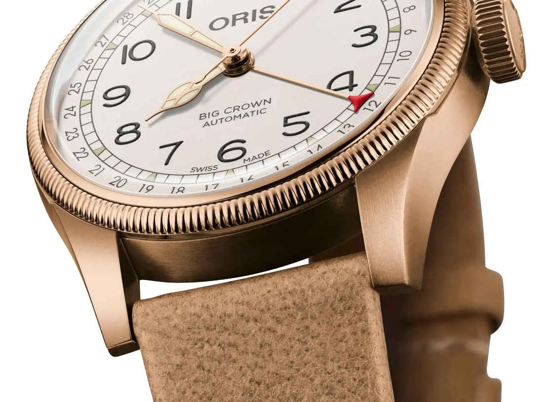 Édition Limitée Oris Big Crown Automatique Cadran Blanc Bronze Bracelet en Cuir Beige Interchangeable avec Bracelet en Bronze Date à Aiguille Montre Homme 754 7741 3161-Set Montres Oris
