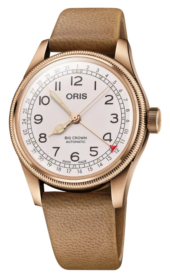Édition Limitée Oris Big Crown Automatique Cadran Blanc Bronze Bracelet en Cuir Beige Interchangeable avec Bracelet en Bronze Date à Aiguille Montre Homme 754 7741 3161-Set Montres Oris
