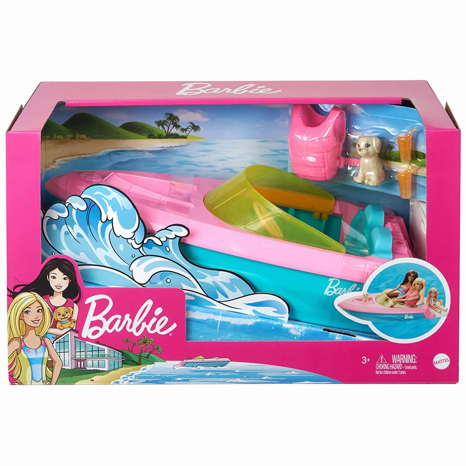 Mattel Toys Mattel Barbie Boat with Puppy and Accessories, Fits 3 Dolls, Floats in Water