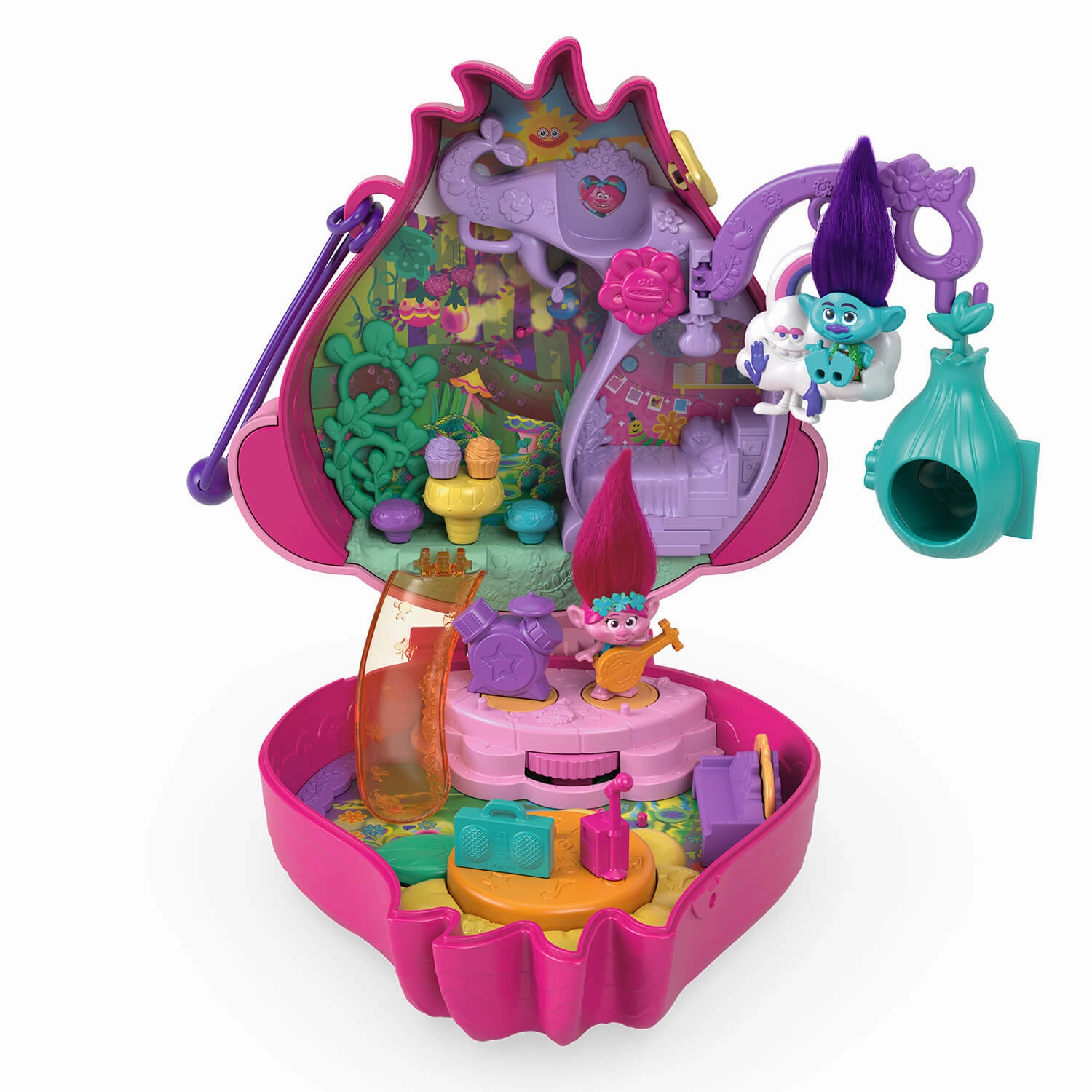 Mattel Toys Polly Pocket & Dreamworks Trolls Compact Playset With Poppy & Branch Dolls & 13 Accessories