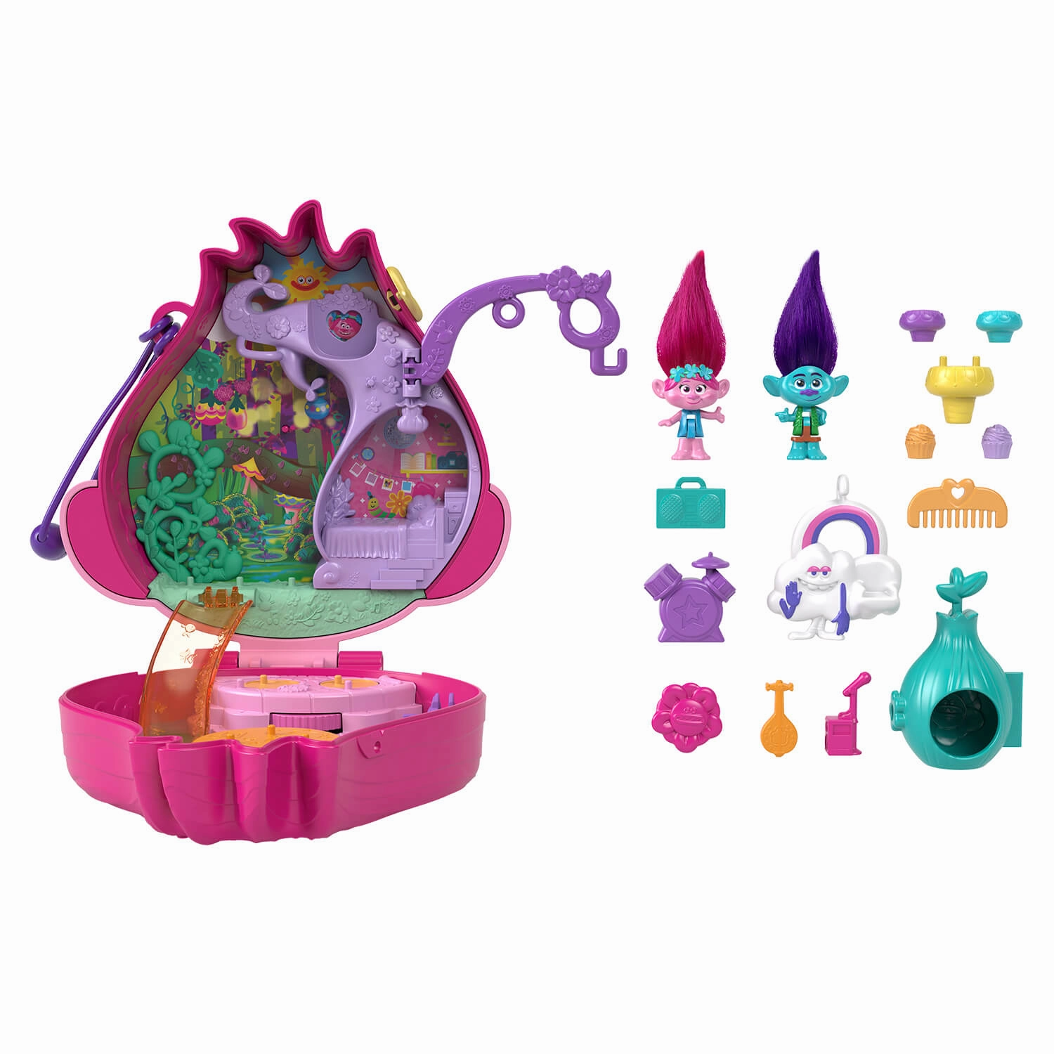 Mattel Toys Polly Pocket & Dreamworks Trolls Compact Playset With Poppy & Branch Dolls & 13 Accessories