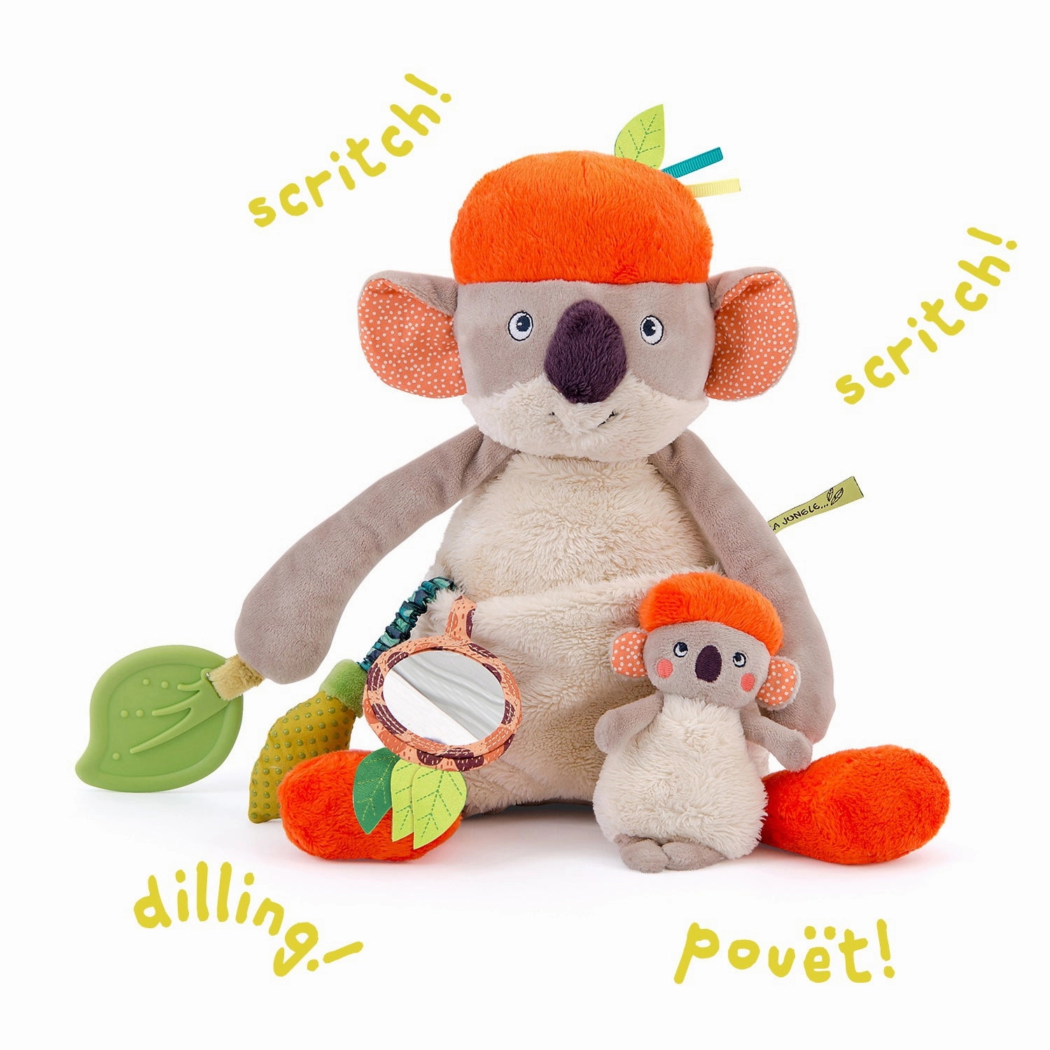 Moulin Roty Dans La Jungle Baby Senses Awakening Activities Beige/Orange Colour Koko The Koala, Including Mirror, Bell, Scratch, Rattle and Baby Koala Squeaker, 32cm High