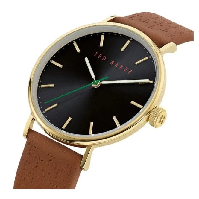 Montre pour homme Ted Baker à cadran bleu en cuir perforé avec motif T marron BKPMMF911
