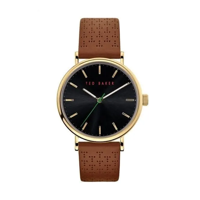 Montre pour homme Ted Baker à cadran bleu en cuir perforé avec motif T marron BKPMMF911